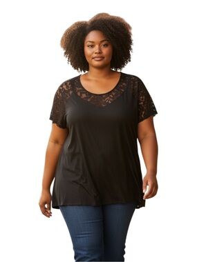 Lane Bryant Black Lace Yoke Short Sleeve Tunic